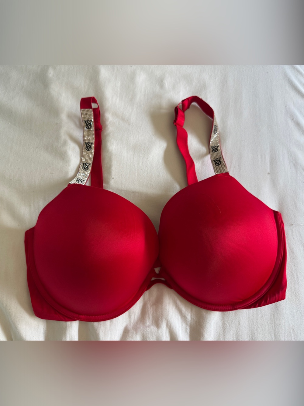 Victoria's Secret Red Padded Bra with Rhinestone Logo Straps